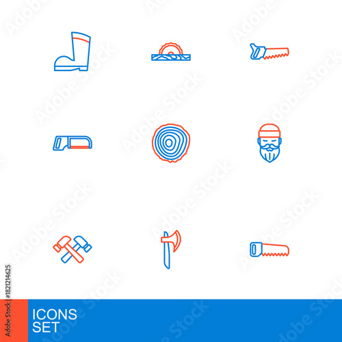 Set line Hand saw, Wooden axe, Crossed hammer, Lumberjack, Hacksaw, Tree rings, and Electric circular icon. Vector