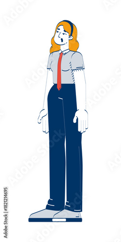 Amazed female office worker in business attire 2D doodle character. Surprised blonde employee open mouth standing cartoon person vector drawing isolated on white. Hand drawn illustration colorful