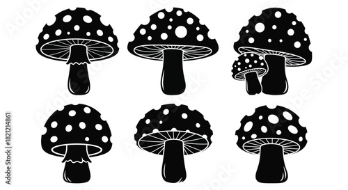 Collection of six black and white spotted fly agaric mushroom icons fungus silhouette vector graphic set isolated. isolated on white background, Vector, illustration