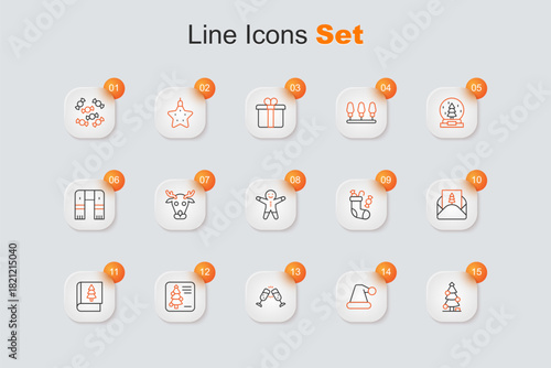 Set line Christmas tree, Santa Claus hat, Glass of champagne, postcard, book, Envelope, stocking and Holiday gingerbread man cookie icon. Vector