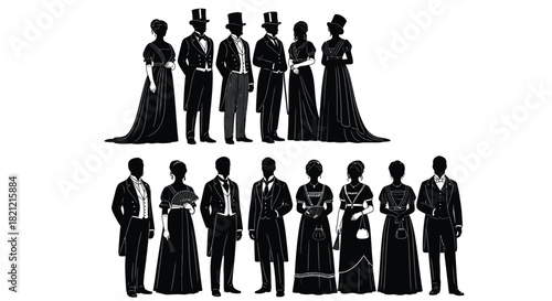 Victorian era formal wear silhouettes set: 19th-century gentlemen and ladies in elegant long gowns and top hats illustration. isolated on white background, Vector, illustration