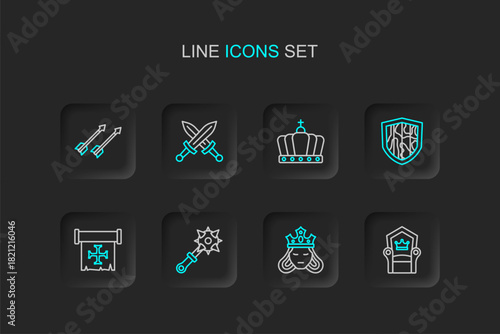 Set line Medieval throne, Princess or queen, Mace with spikes, Crusade, Shield, King crown, Crossed medieval sword and arrows icon. Vector