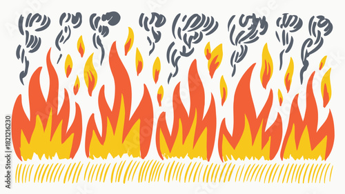 Dynamic illustration of a wildfire spreading across a dry field showcasing intense flames and smoke suitable for environmental awareness campaigns or disaster preparedness materials