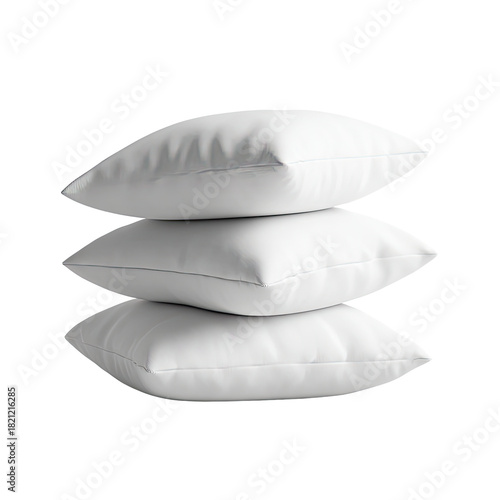 Three white, fluffy, square pillows stacked. Clean, crisp look against a black background