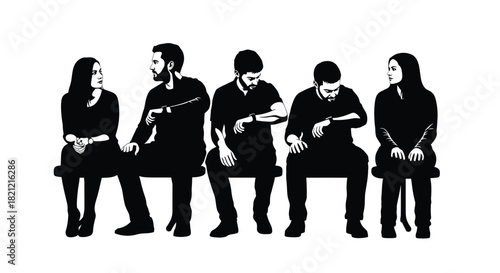 Group of five people waiting together checking the time on their wristwatches sitting on a bench black and white stencil vector. isolated on white background, Vector, illustration