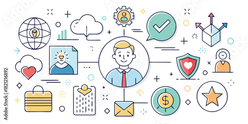 Person in center connected to icons representing different aspects of business and human resources in a colorful vector graphic