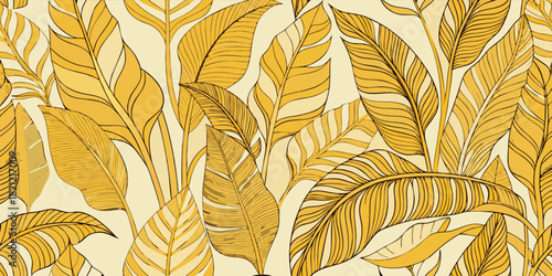 Seamless pattern of golden tropical leaves in a vector illustration for fabric design, textile print, wallpaper, and other surface design