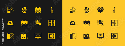 Set Screwdriver, Roulette construction, Water tap, Worker safety helmet, Toolbox, Parquet, Color palette guide and Builder icon. Vector