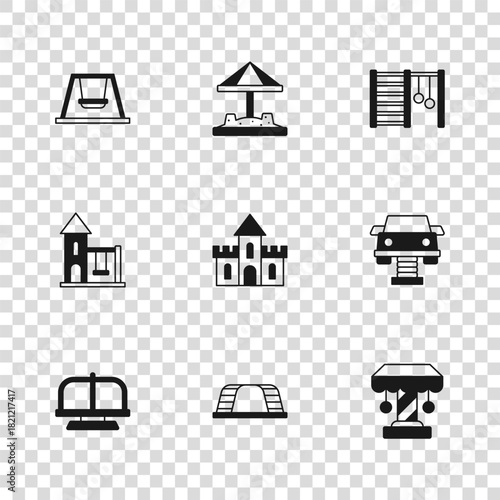 Set Monkey bar, Swing car, Attraction carousel, Sand castle, Swedish wall, for kids, Sandbox with sand and icon. Vector