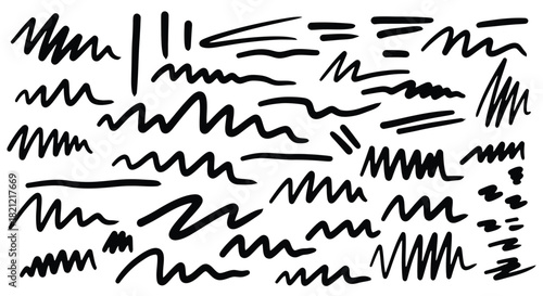 Hand drawn black marker strokes doodle set zigzag wavy lines underline scribble elements texture pattern design vector. isolated on white background, Vector, illustration