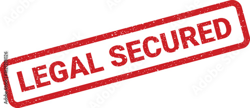 Red grunge rubber stamp impression with the words LEGAL SECURED in a rectangular frame, illustrating official approval status