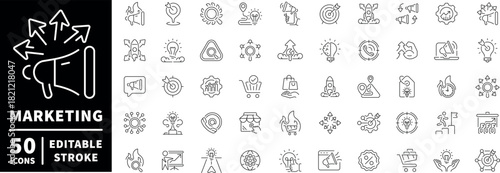 Marketing icons set. linear, editable line icons, branding and promotion symbols