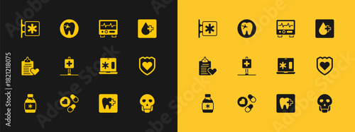 Set Blood test, Medicine pill or tablet, Clinical record on laptop, Dental clinic location, Location hospital, Monitor with cardiogram, Emergency - Star of Life and Tooth caries icon. Vector