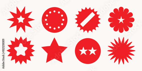 Red starburst shapes, circles and star design elements vector icons for sale badges and marketing materials