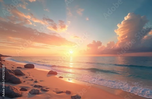 Seascape view at bright sunset. Sea waves wash the shore. Scenic nature with sand and stones. Landscape of sea water and cloudy sky. Travel inspiration and ocean relax background for meditation.