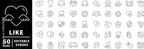 Love and social media icons set. editable line icons, outline, connection symbols