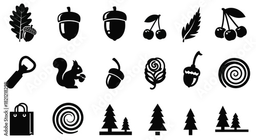Collection of diverse black silhouette icons including acorns, squirrel, trees, shopping, and food elements on white isolated on white background, Vector, illustration