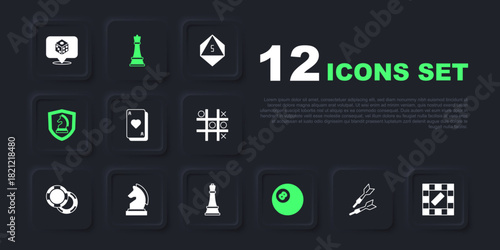 Set Dart arrow, Board game, Playing cards, Billiard pool snooker ball, Chess, and icon. Vector