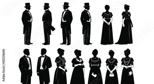 Silhouettes of victorian era men and women dressed in formal evening attire and elegant historical fashion styles vector graphic. isolated on white background, Vector, illustration