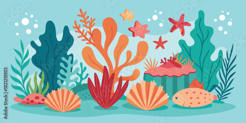Undersea life with colorful coral reef, seashells, starfish, and fish creates a vibrant aquatic scene for vector designs and microstock markets