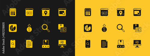 Set Advertising, File document, Magnifying glass, Consumer product rating, Financial growth dollar, Infographic of city map, Calculator and SEO optimization icon. Vector
