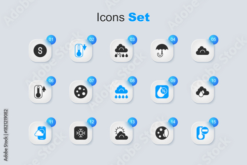 Set Moon phases, Thermometer, Weather forecast app, Cloud with rain, Compass south and icon. Vector