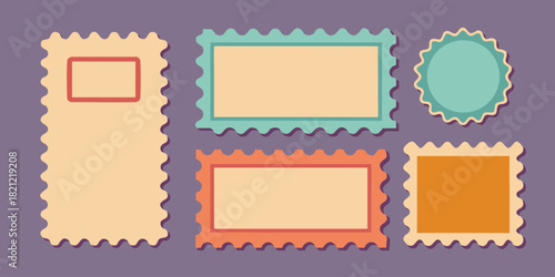 Collection of vintage Postage Stamps Vector Art, different sizes, square, rectangle, and round shapes, with decorative borders in pastel colors