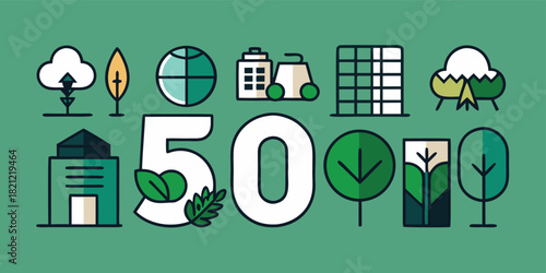 Fifty years celebration of sustainability vector design with nature and urban icons, promoting eco-friendly and green initiatives