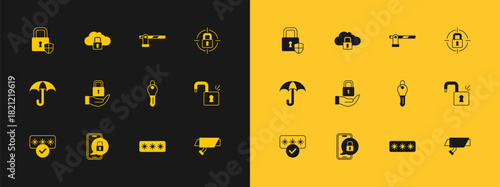 Set Lock, Mobile with closed padlock, Key, Password protection, Parking car barrier, Shield security and Cloud computing icon. Vector