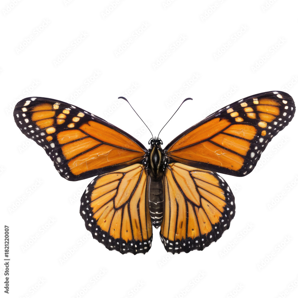 Fototapeta premium A large orange butterfly sits on a white surface, its wings spread wide
