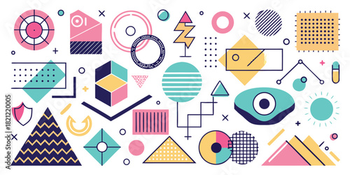 Geometric shapes in light pink, teal, yellow, and navy create an abstract, minimalist, and modern pattern for vibrant backgrounds and fun design elements