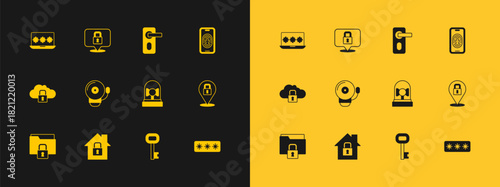 Set Mobile with fingerprint scanner, House under protection, Ringing alarm bell, Old key, Fingerprint door lock, Laptop password and Lock icon. Vector