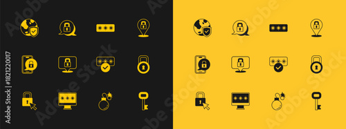 Set Lock, Monitor with password, Password protection, Bomb, Shield world globe and icon. Vector