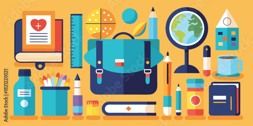 Back to school vector illustration with education supplies like books, pencils, globe, schoolbag, and medical themed items in a flat design style