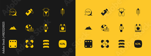 Set Wheat, Magnesium, Smart watch with heart, Sports nutrition proteine, GMO, Women waist, Kcal and Bottle of water icon. Vector