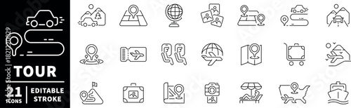 Travel and tourism icons set . editable line icons, outline, vacation, map symbols