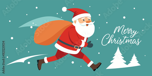 Running santa claus delivers gifts on christmas eve with snowflakes and christmas trees in the background. vector illustration
