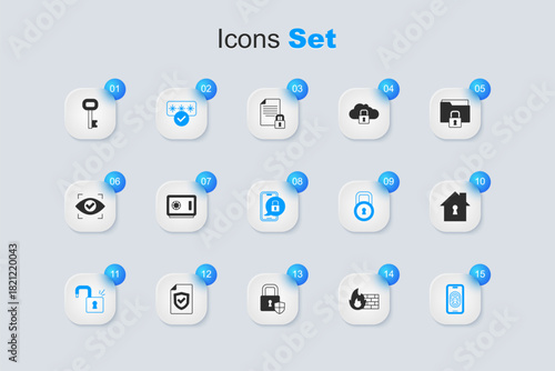 Set Firewall, security wall, Safe, Password protection, Open padlock, Mobile with fingerprint scanner, House under, Old key and closed icon. Vector