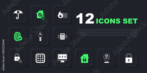 Set Lock, Key, House under protection, Fingerprint, Graphic password, and Monitor with icon. Vector