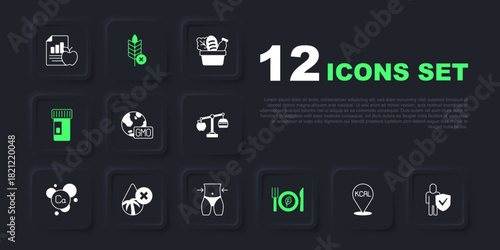 Set Kcal, Healthy lifestyle, GMO, Vegan food diet, Vitamins, Palm oil free, Gluten grain and Women waist icon. Vector