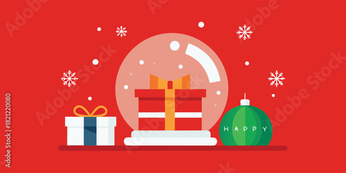 Christmas vector illustration showing gifts, snow globe and ornament on red background with snowflakes for microstock design markets