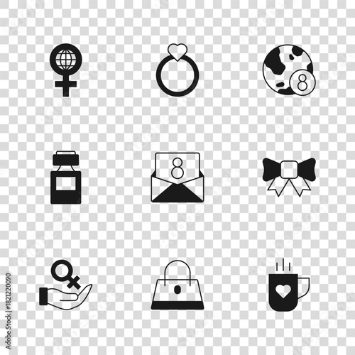 Set Handbag, Gift bow, Coffee cup heart, Envelope with 8 March, International Women Day, Diamond engagement ring and Perfume icon. Vector