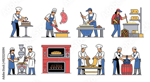 A collection of flat vector illustrations depicting people in the artisan food and drink production industry at work