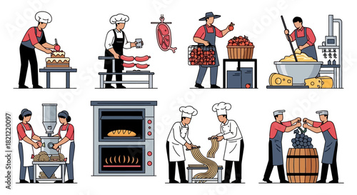 Collection of illustrations depicting various stages of food preparation and production from baking to cheesemaking and winemaking