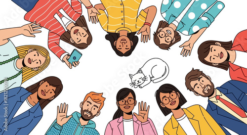 Diverse group of people in a circle, embracing unity and connection with a cat in the middle