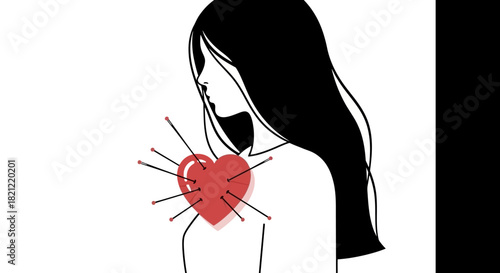 Emotional Pain Symbolized by Needles Piercing a Woman's Heart, Illustrating Suffering and Distress