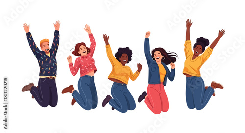 Diverse Group of Friends Joyfully Jumping Together in Celebration of Success or Happiness