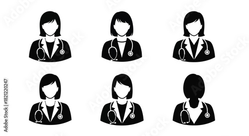 Female doctor avatar icons set in black and white minimalist style, representing medical professionals and healthcare workers symbol. isolated on white background, Vector, illustration