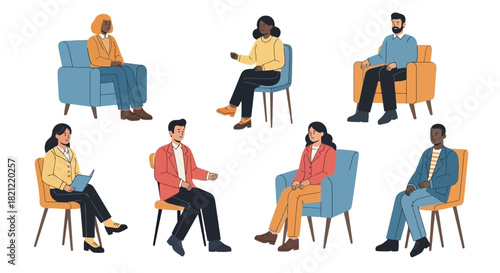 Set of diverse individuals sitting on chairs in a circle for a group therapy session, business meeting, or community discussion