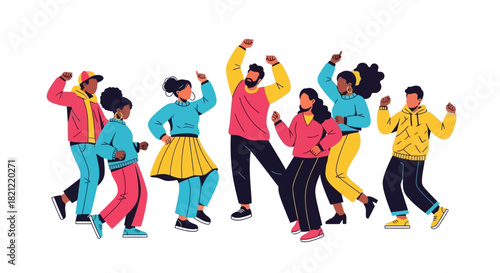 Diverse Group of People Dancing Happily Together, Celebrating Movement and Joy in Colorful Outfits